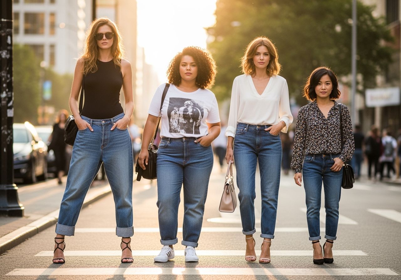Grupa kobiet w boyfriend jeans na ulicy miasta podczas złotej godziny, różne sylwetki i stylizacje obuwia