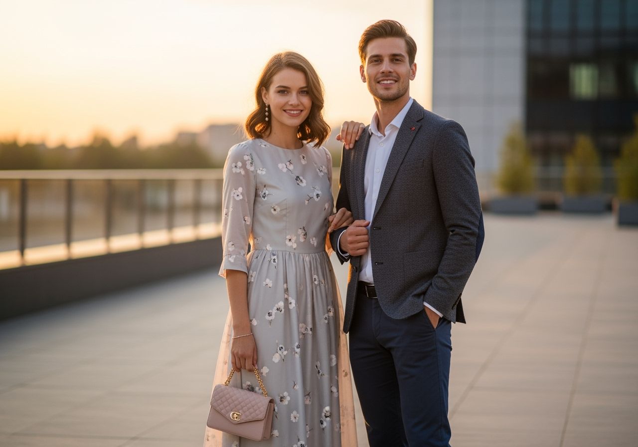 Młoda para w eleganckich półformalnych strojach stoi na tle miejskiego zachodu słońca.