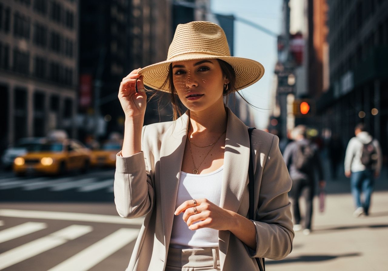 Młoda kobieta w kapeluszu fedora i stylowym ubraniu na tle rozmytej miejskiej ulicy
