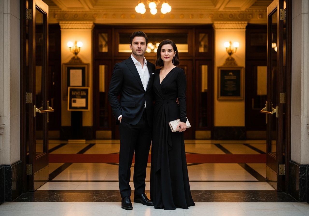 Para w eleganckich strojach stoi przy wejściu do teatru na czerwonym dywanie z marmurową podłogą.