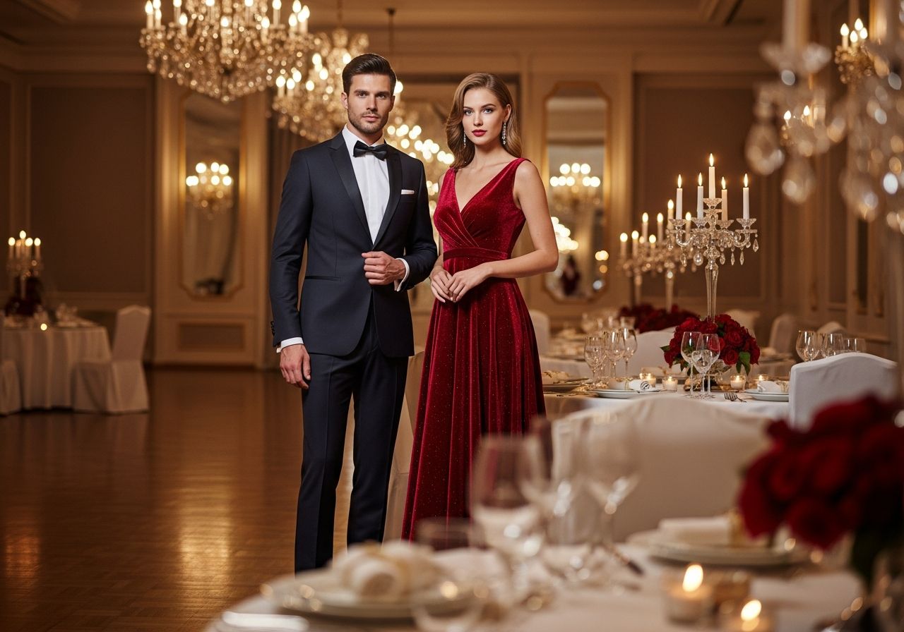 Elegancka para na balu w luksusowej sali z kryształowymi żyrandolami i udekorowanymi stołami