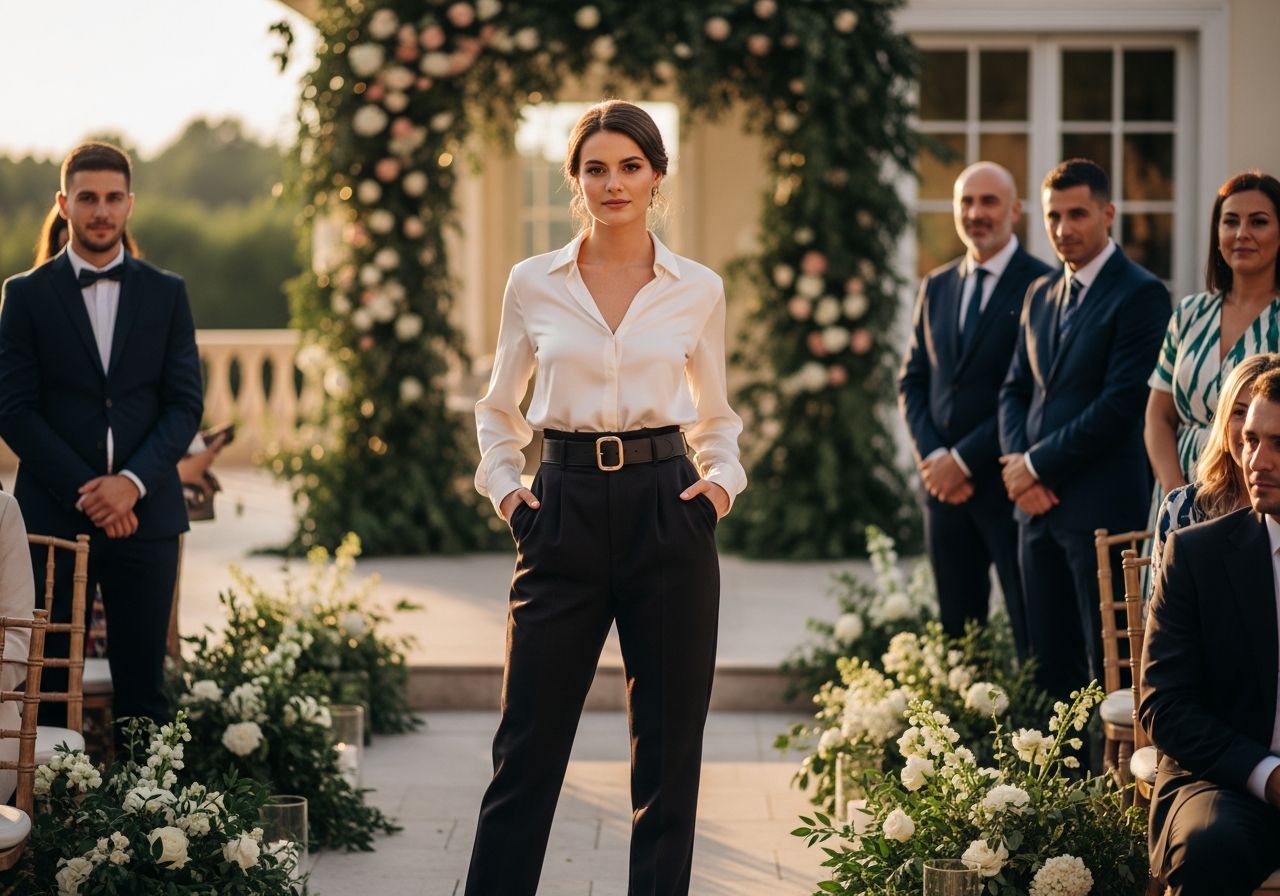 Młoda kobieta w eleganckich spodniach i bluzce na zewnątrz podczas wesela, z gośćmi w tle.