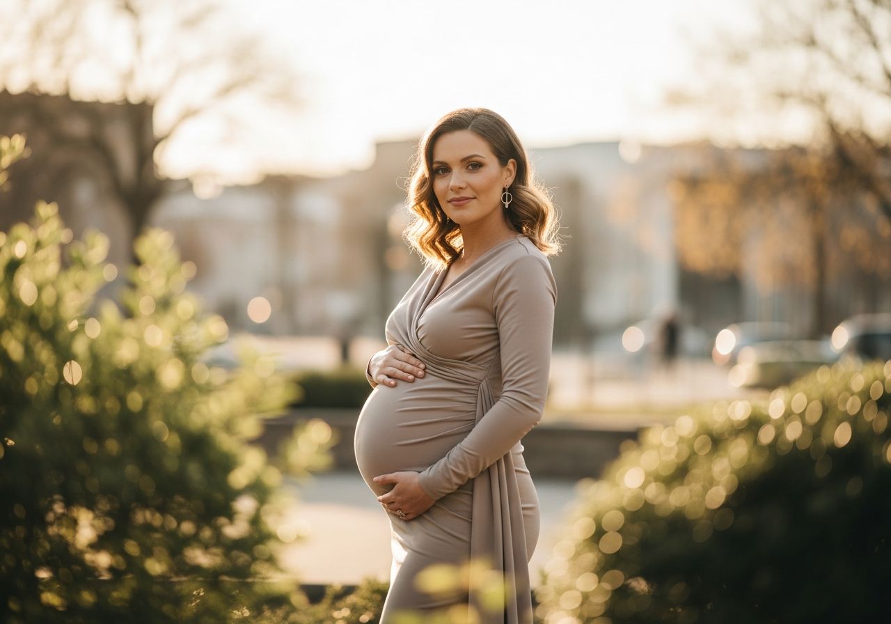 Stylowa kobieta w ciąży w sukience ciążowej delikatnie trzyma brzuch w miejskim otoczeniu przy naturalnym świetle