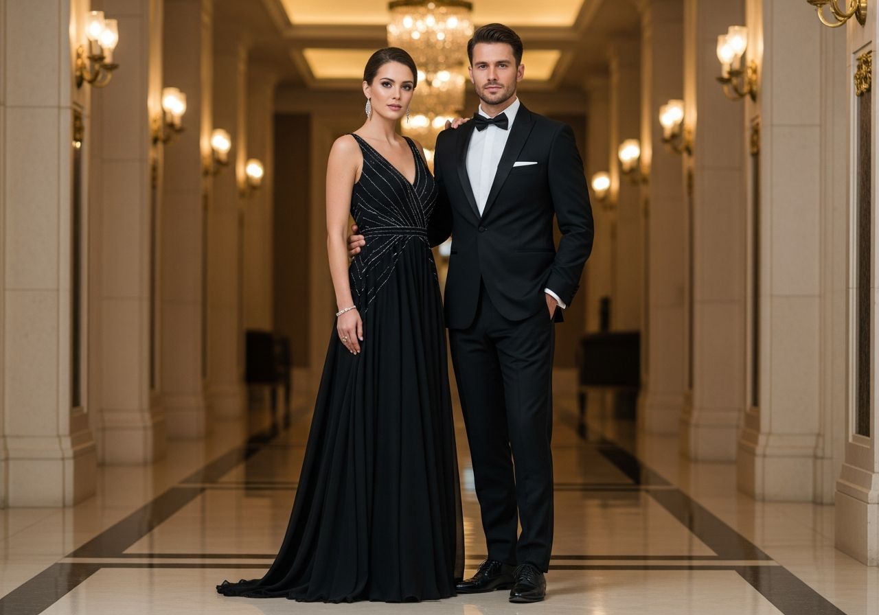 Elegancka para w wieczorowych strojach przygotowująca się do gali w luksusowym wnętrzu.
