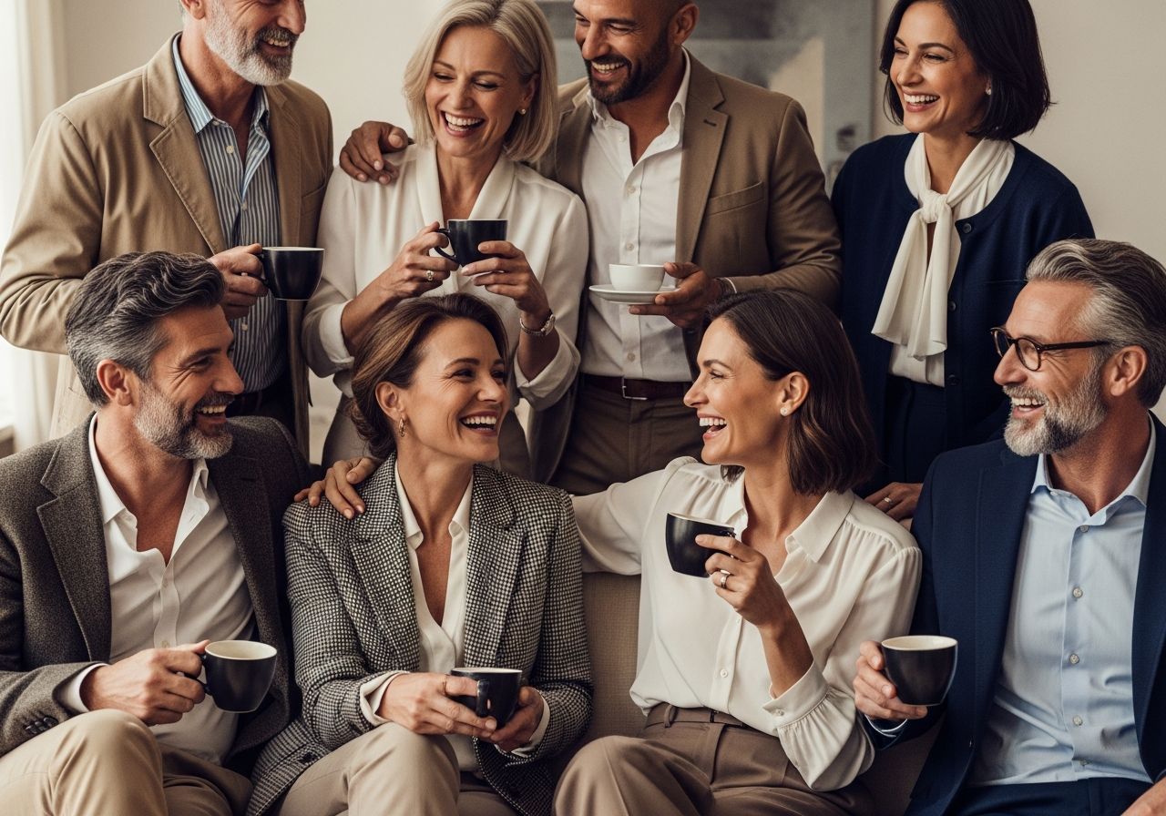 Grupa dorosłych osób spotyka się, rozmawia i pije kawę w przytulnym wnętrzu w stylu smart casual