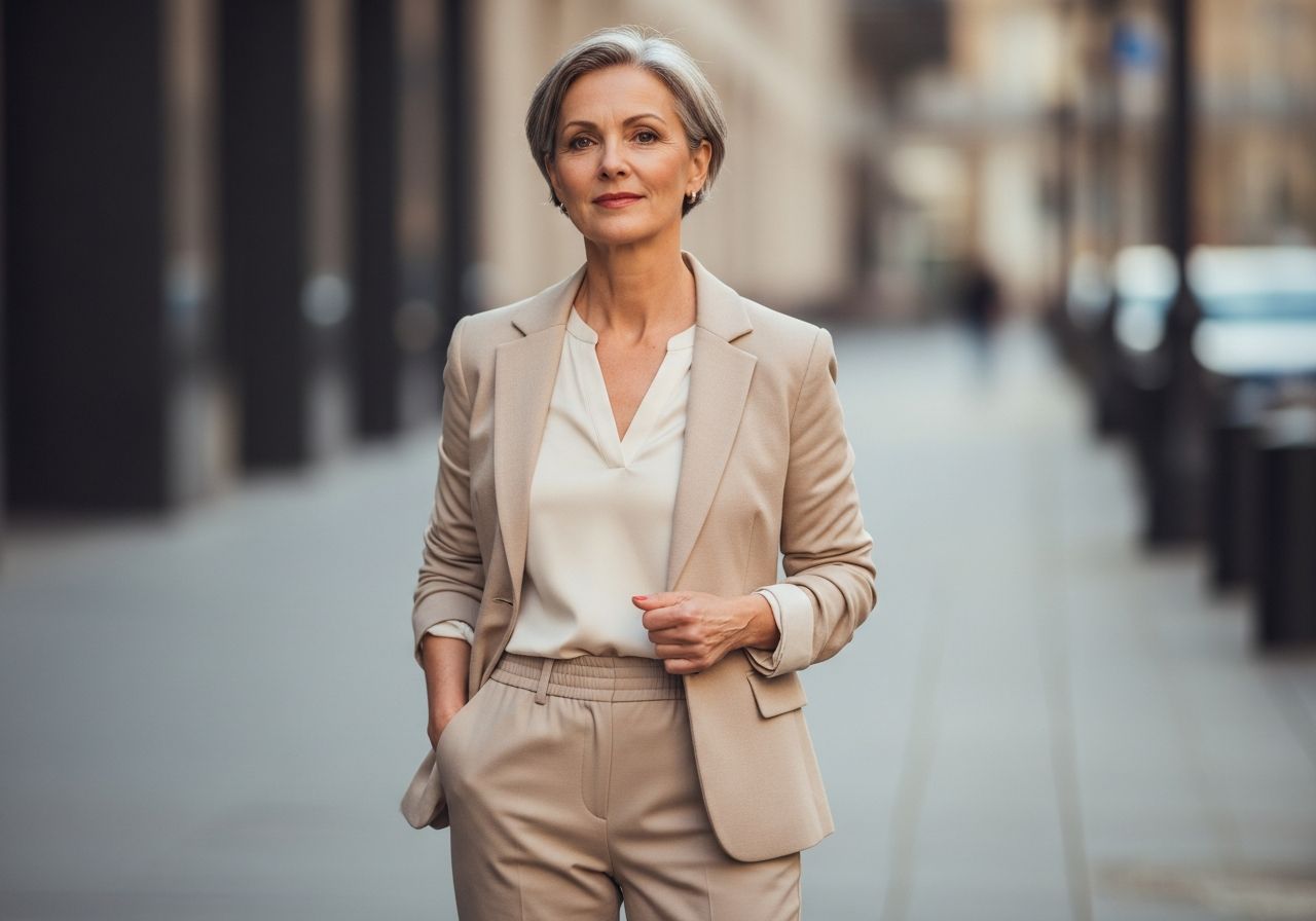 Elegancka dojrzała kobieta w beżowej marynarce i spodniach na miejskim tle, pokazująca pewność siebie.