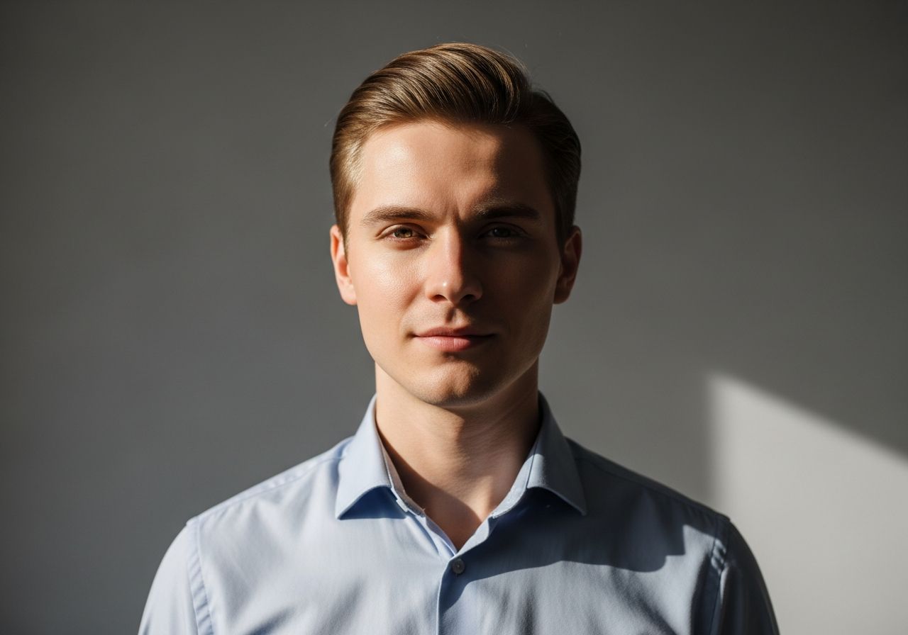 Młoda osoba w koszuli, portret od ramion w neutralnym, szarym tle, naturalne światło, spokojny wyraz twarzy