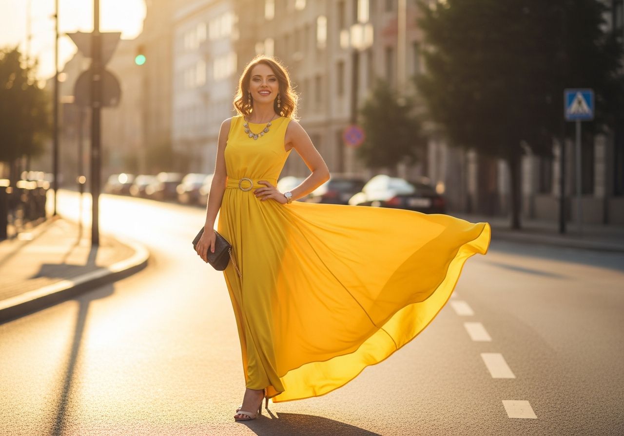 Młoda kobieta w żółtej sukience stoi pewnie na słonecznej ulicy, uśmiechnięta i modnie ubrana.