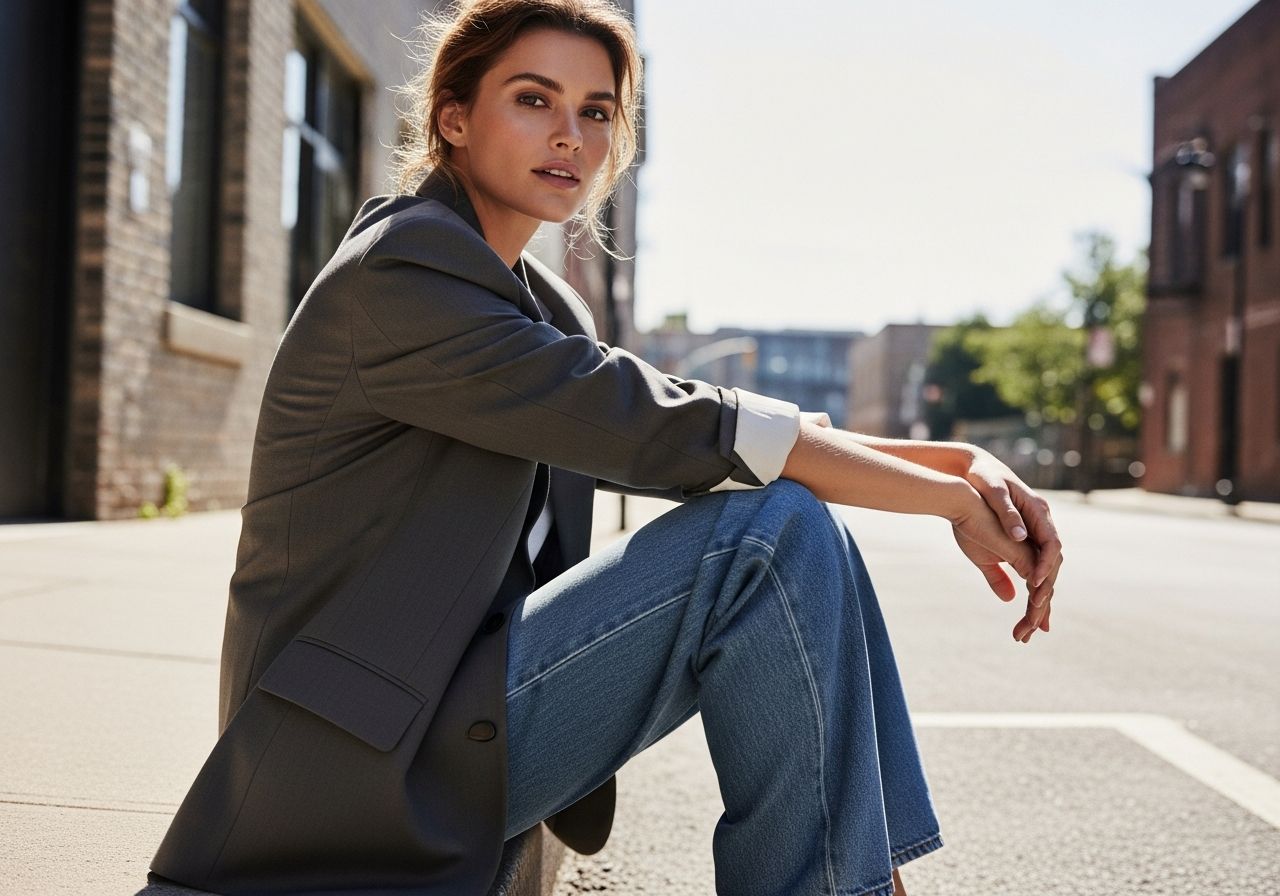 Kobieta w oversize marynarce i luźnych jeansach siedzi pewnie na miejskiej ulicy w naturalnym świetle