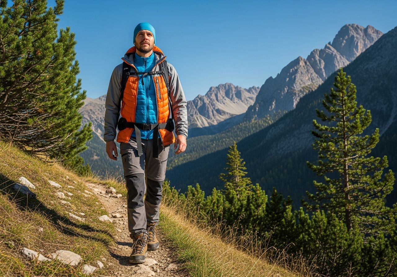 Turysta na górskiej ścieżce w warstwach odzieży outdoorowej, w otoczeniu drzew i skalistych szczytów.