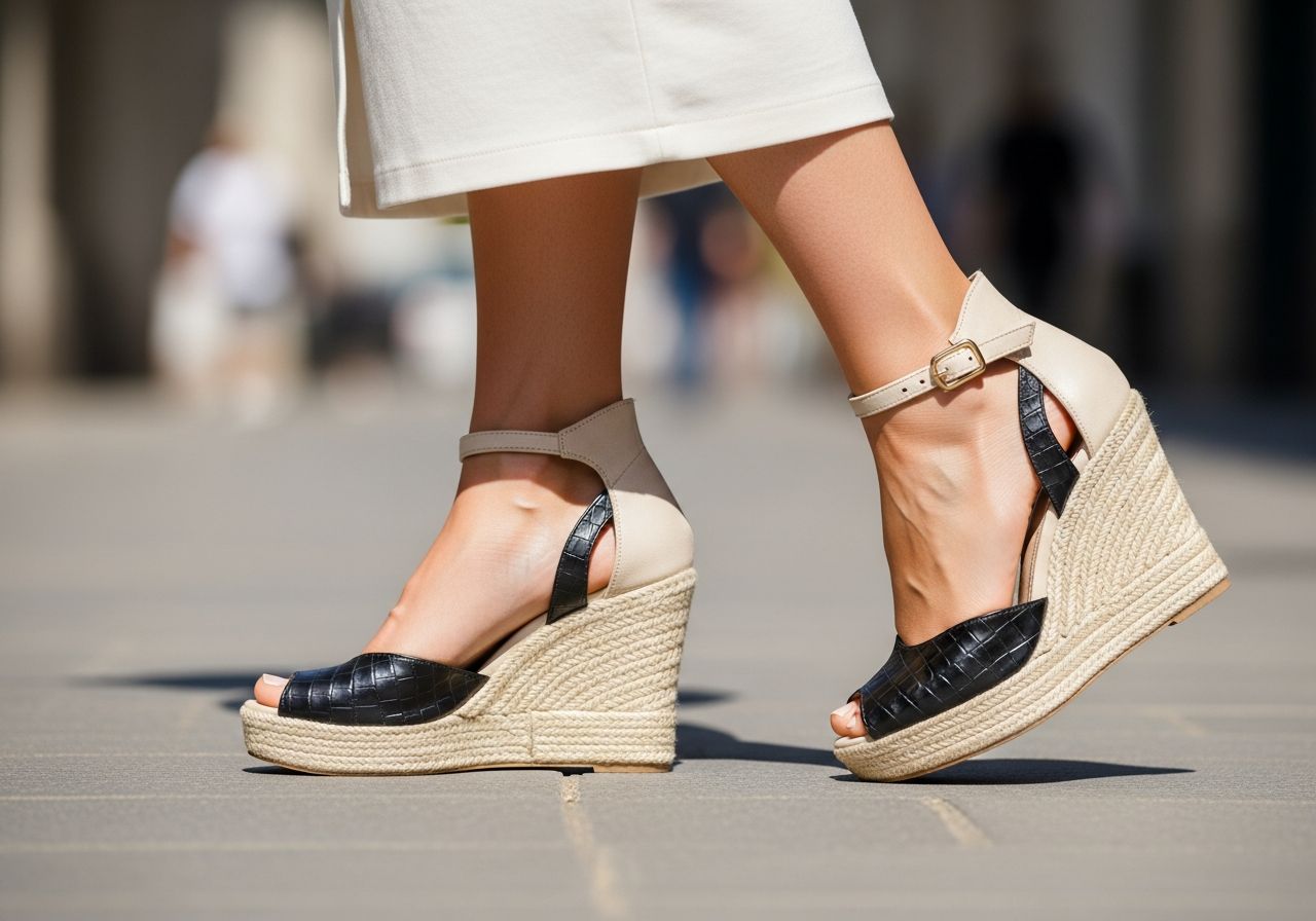 Zbliżenie stóp eleganckich kobiet w modnych koturnach na miejskiej ulicy w naturalnym świetle.