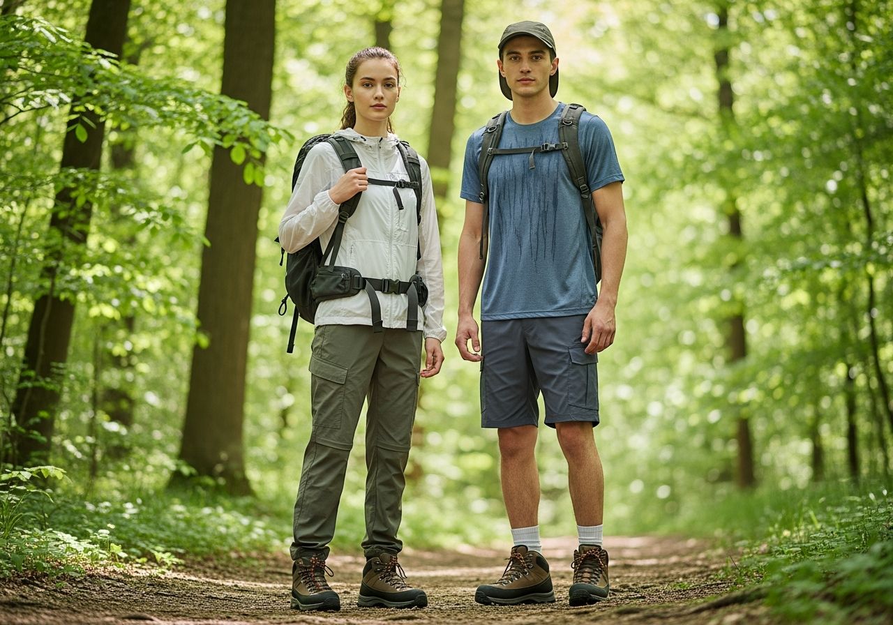 Młoda para na leśnej ścieżce podczas wędrówki w jasnym świetle dziennym.